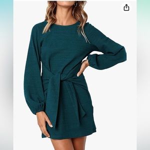 NWT Fashion  long lantern sleeve, tie waist, knit dress, Lake blue  size M.